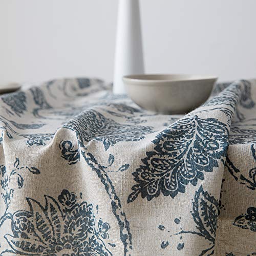 Jinchan Linen Textured Tablecloth For Kitchen Jacobean Floral Printed Table Cover Linen Textured 1 Panel 51" W X 72" L Blue On Beige #TOP1