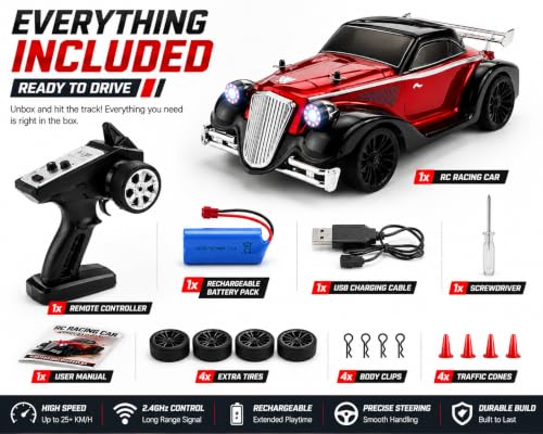 Image of 1:16 RC Drift Car 4WD High-Speed Remote Control Vintage Racing Car with 2.4 GHz Steering Controller, LED Lights, Rechargeable Battery, 35 km /h Toy Car for Kids Adults