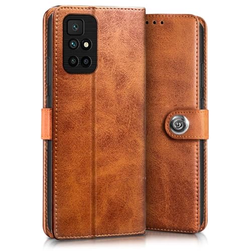 Image of WOW IMAGINE Shock Proof Flip Cover Back Case for Xiaomi Mi Redmi 10 Prime (Magnetic Button Flip Case | Wallet Pockets & Stand | Leather Finish | Alder Brown)