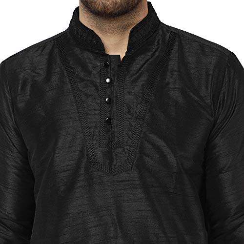 Image of SKAVIJ Men's Dupion Silk Embroidered Kurta Pajama Mandarin Collar Ethnic Motifs Festive Party Dress