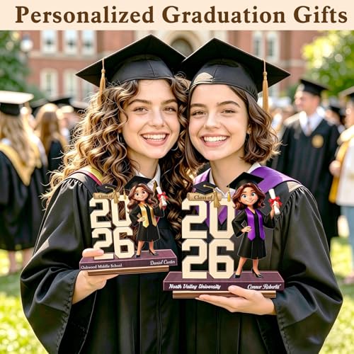 Custom Class of 2026 Senior 2D Flat Character with Name, Personalized Graduation Gift for Girls Boys Friends Family, 5mm Wooden Plaque Keepsake with Graduation Character (Girl01) - Image 2