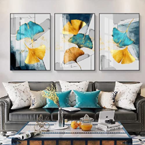 Peinture décorative feuilles d'or chic | Art mural salon triptyque sur toile 40x60cm