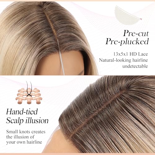 Image of EMMOR Human Hair Wig for Women 13x5x1 Inch HD Lace Front Wig 18 Inch Layered Glueless Wigs Pre-Plucked Hairline Human Hair Blend Premium Synthetic Fiber for Everyday Wear(Ombre White Blonde)