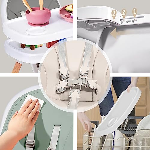 Baby High Chair With Double Removable Tray For Baby/Infants/Toddlers, 3-In-1 Wooden High Chair/Booster/Chair | Grows With Your Child | Adjustable Legs | Modern Wood Design | Easy To Assemble #TOP6