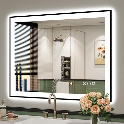 Image of 40x30 Inch LED Bathroom Mirror with Lights (Front Lit and Backlit) Black Framed Lighted Vanity Mirror for Bathroom Wall Dimmable Anti-Fog Memory Tempered Glass Horizontal /Vertical