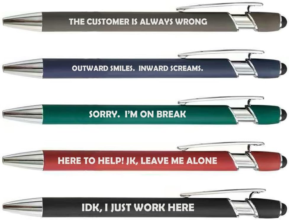 Set of 5 Stylus Tip Ballpoint Pens Gift Funny Customer Service (Set B)