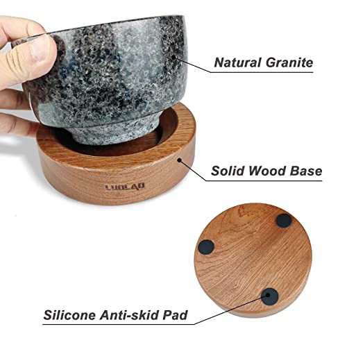 Luolao Large Mortar And Pestle Set, 2 Cup Capacity, Heavy Granite Stone Molcajete Bowl With Wood Base, Used In Guacamole, Salsa, Herb Crusher, Grind And Crush Spices And Nuts To Release Flavor, Black #TOP2