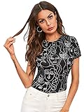 SheIn Women's Casual Mock Neck Short Sleeve Fitted Graphic T-Shirt Tee Tops Figure Black X-Large