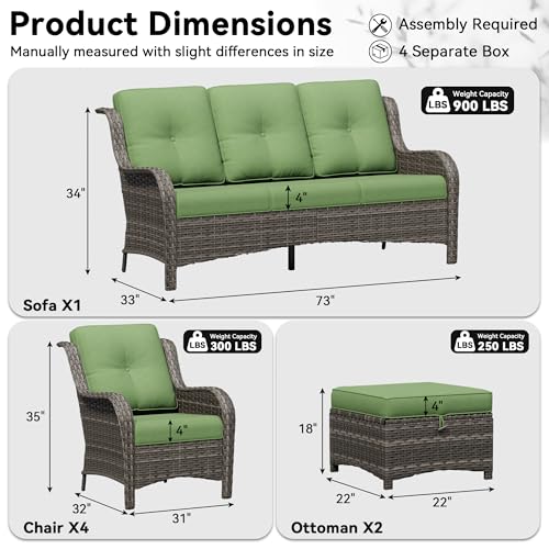 Image of 7 Piece Outdoor Wicker Patio Furniture Set, Patio Chairs Set with Thickened Olefin Cushions, High Back and Deep Seating, Hand-Woven PE Rattan, Ottoman for Porch, Deck
