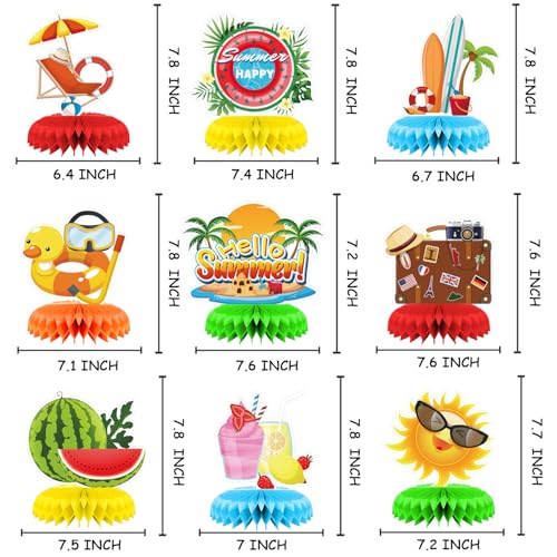 Image of 9 Pieces Summer Honeycomb Centerpieces Table Decor, Beach Sun Watermelon Pool Party Table Topper Ornaments Signs, Fun Tropical Summer Party Decorations