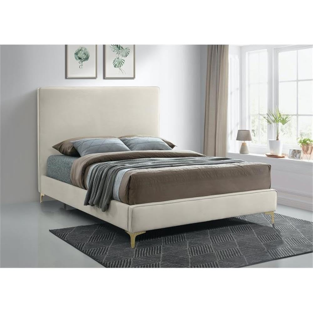 Meridian Furniture Geri Collection Modern Contemporary Velvet Upholstered Headboard with Piping on Headboard, Queen, Cream(Headboard Only)