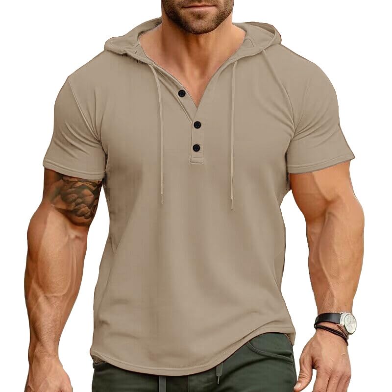 Men's Casual Short Sleeve Hoodie Pullover with Buttons and Drawstring Soft Muscle Fit Athletic Workout Top