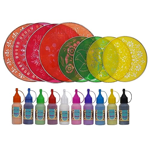 Image of eCraftIndia Set of 8 Designer Diwali Rangoli Stencils Set in 4 Big Size 4 Small Size |10 Rangoli Colours Bottles | Diwali Decoration Item for Home Decor