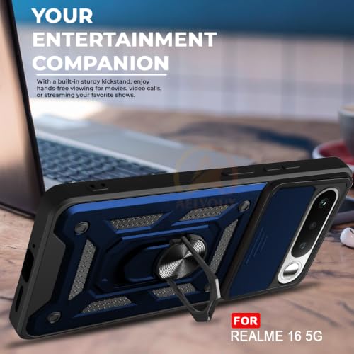 Image of Armor Bumper Back Cover Case for Realme 16 5G | Rotating Camera Cover, Ring Holder & Kickstand | Heavy Duty & 360 Degree Protection Realme 16 5G Back Cover (Blue)