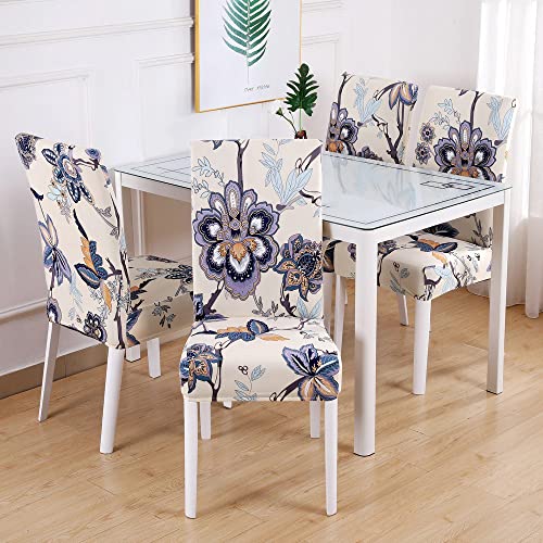 Searchi Dining Room Chair Covers Set Of 6, Stretch Printed Floral Parsons Chair Slipcovers Spandex Removable Washable Kitchen Chair Protector Cover For Dining Room, Hotel, Ceremony (Beige+Flower) #TOP1