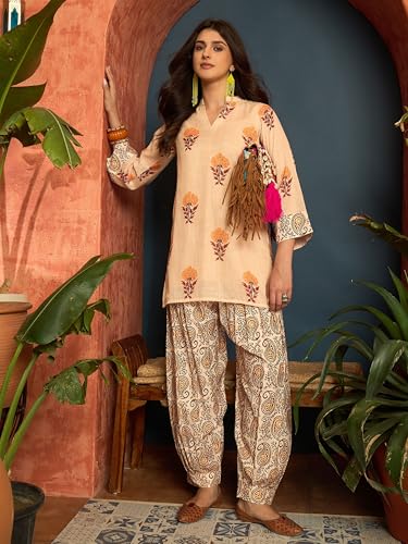 Image of EthnicJunction Women's Linen Floral Print Summer Wear Straight Short Kurti With Afghani Pant Set | Co Ord Set for Women Stylish | Fusion wear Women
