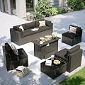 Aoxun Patio Furniture Set with Fire Pit Table, 8 Piece Outdoor Sectional Sofas, Wicker Rattan Outdoor Furniture with Thickened Cushion for Backyard, Garden Black
