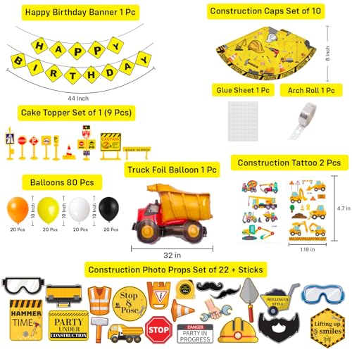Image of Party Propz Construction Theme Birthday Decoration Kit for Boys-127 Pcs,Happy Birthday Decoration Kit with Balloons for Decorations, Banner, Caps, Cake Topper, Photobooth Props & Truck Foil Balloon