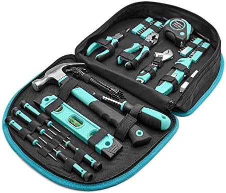 Amazon Basics Tool Set with Easy Carrying Round Pouch - 104-Piece, Turquoise