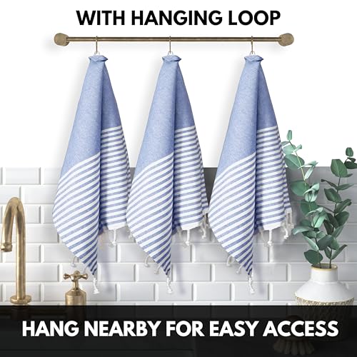 Image of Turkish Kitchen Towels 18x26 Inches with Tassels - 4 Pack - Absorbent, Durable, Soft 100% Cotton Dish Towels for Drying & Cleaning - Machine Washable, Quick Dry - Indigo Blue