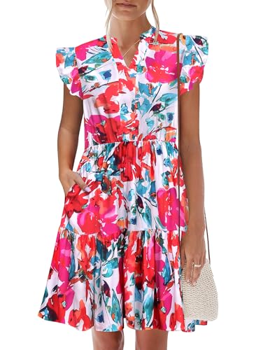 Image of HOTOUCH Women Printed Dress for Summer Short Ruffle Sleeve Dress Tiered Mini Dress with Pockets