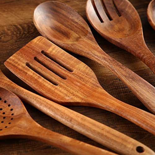 Wooden Kitchen Cooking Utensils Set, Nayahose 7 Pcs Natural Teak Wooden Spoons And Spatulas For Non-Stick Pan #TOP3