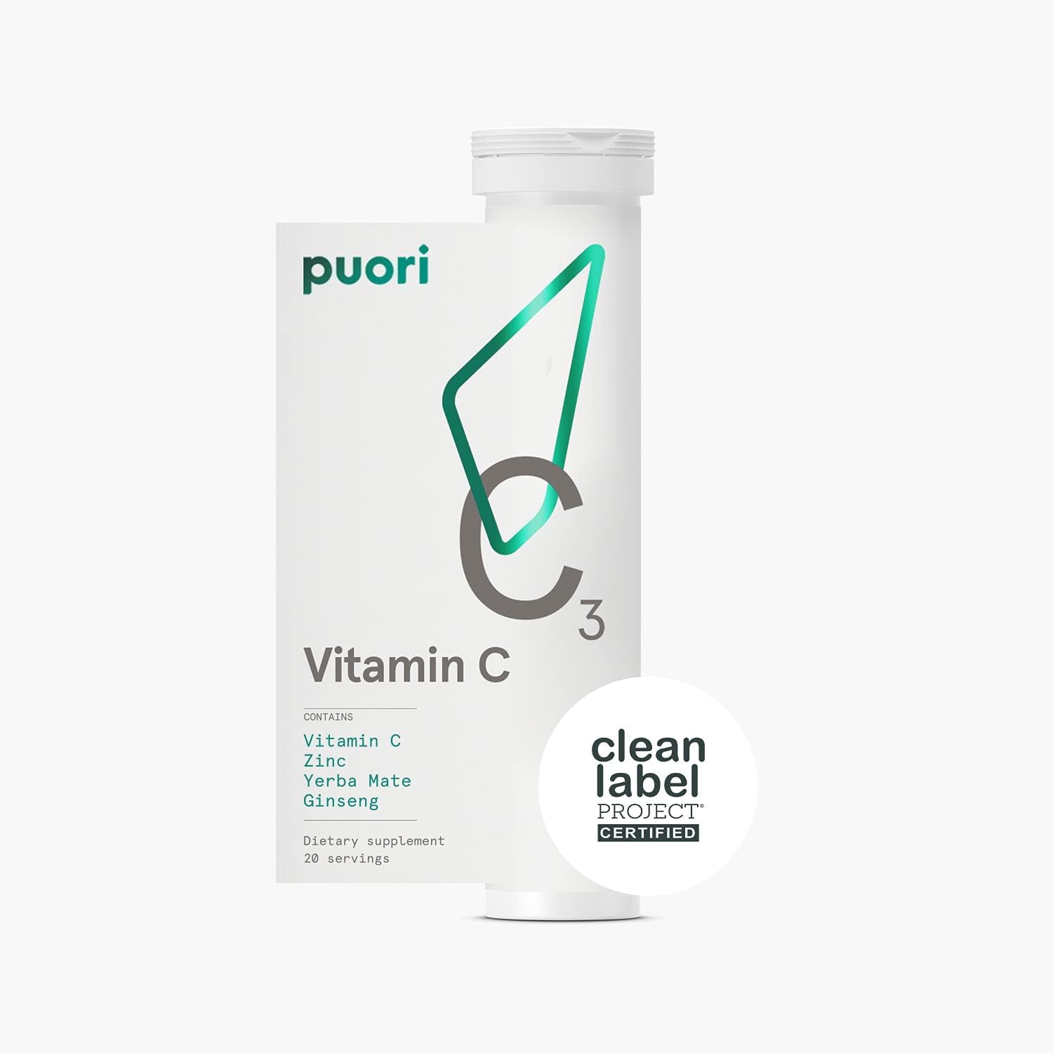 Puori C3 Vitamin C Supplement for Immune and Antioxidant Support - 20 Servings x 2 Packs - Vitamin C, Zinc, Yerba Mate, Ginseng Helps Fight Fatigue and Supports Cognitive Function