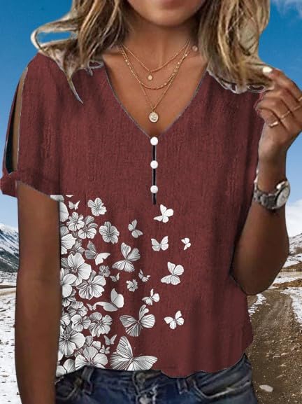 Women's Boho Butterfly Floral Print Cold Shoulder Flowy Tops Summer Dressy Casual V Neck Ladies Blouses Tunic Tops - Image 2