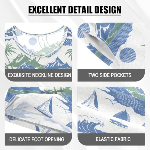 senya Palm Tree Sailboat Mountain Wave Summer Pajamas Set Short Cotton Sleepwear 2 Piece4