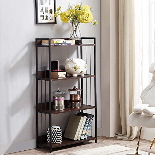 Bookshelf 4 Tier Industrial Bookcase Rustic Storage Standing Rack Shelf Organizer with Wall Lock, Wood Look with Metal Frame Vintage Shelves Morden Book Shelves for Home Office (Walnut)
