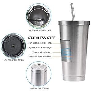 flintronic 500 ml roestvrijstalen beker koffiemok met rietje, thermobeker, reisfles met spatwaterdicht deksel…