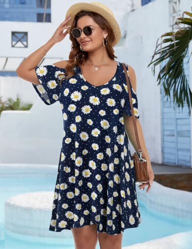 Image of JollieLovin Womens Plus Size Short Sleeve Cold Shoulder V Neck T-Shirt Dress with Pockets