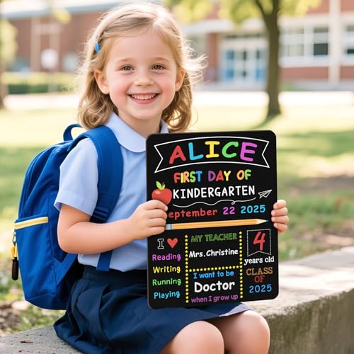 Image of First & Last Day of School Board, 10.3 x 13 Inch Double Sided Back to School Sign for Kids /Girls /Boys, Reusable Wooden 1st Day of Preschool /Kindergarten Chalkboard