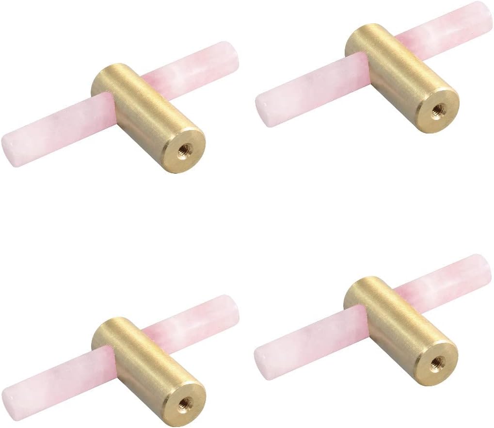 Rockcloud 4 Pcs Crystal Stone T Bar Knobs with Screws, Kitchen Cabinet Hardware Pulls Handles for Drawer Closet Cupboard Dresser, Pink