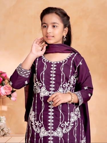 Image of Aarika Girls Ethnic Wear Purple Colour Thread Embroidery Kurti Pant Set With Dupatta