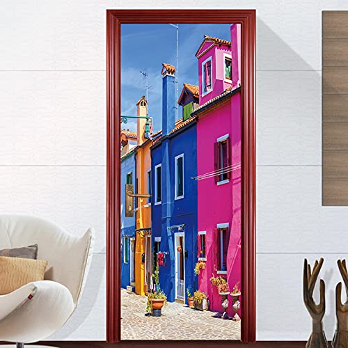 FHKGIUJAD Pegatinas Decorativas De Puerta Autoadhesivo 3D Color Casa Edificio Vinilo Para Puertas Mural Pvc Pegatinas De Pared Foto Poster Arte Decorativo De La Puerta 90X210Cm