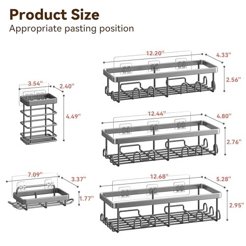 Image of YASONIC Shower Caddy Adhesive, 100% Rustproof Shower Organizer with Soap and Toothbrush Holder, Large Capacity Shower Shelves for Inside Shower, No Drill Shower Storage for Home (5 Pack Grey)