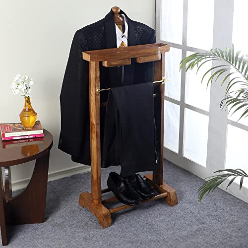 Image of BEVERLY STUDIO Natural Light brown Teak Wooden Sturdy Coat Stand /Cloth Hanger with Two Drawers(Length 47CM x Width 30CM x Height 104CM)