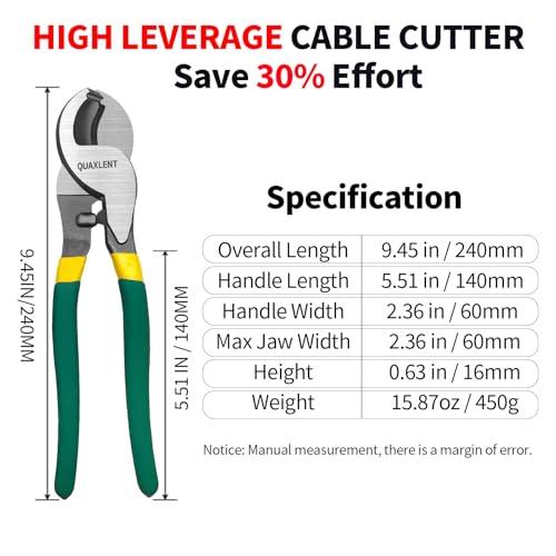 Image of 10 Inch Large Cable Cutter Heavy Duty High Leverage Big Wire Cutting Plier Tool for 4 /0 Aluminum 2 /0 Soft Copper and 100PR 24AWG Comm Cable, Green