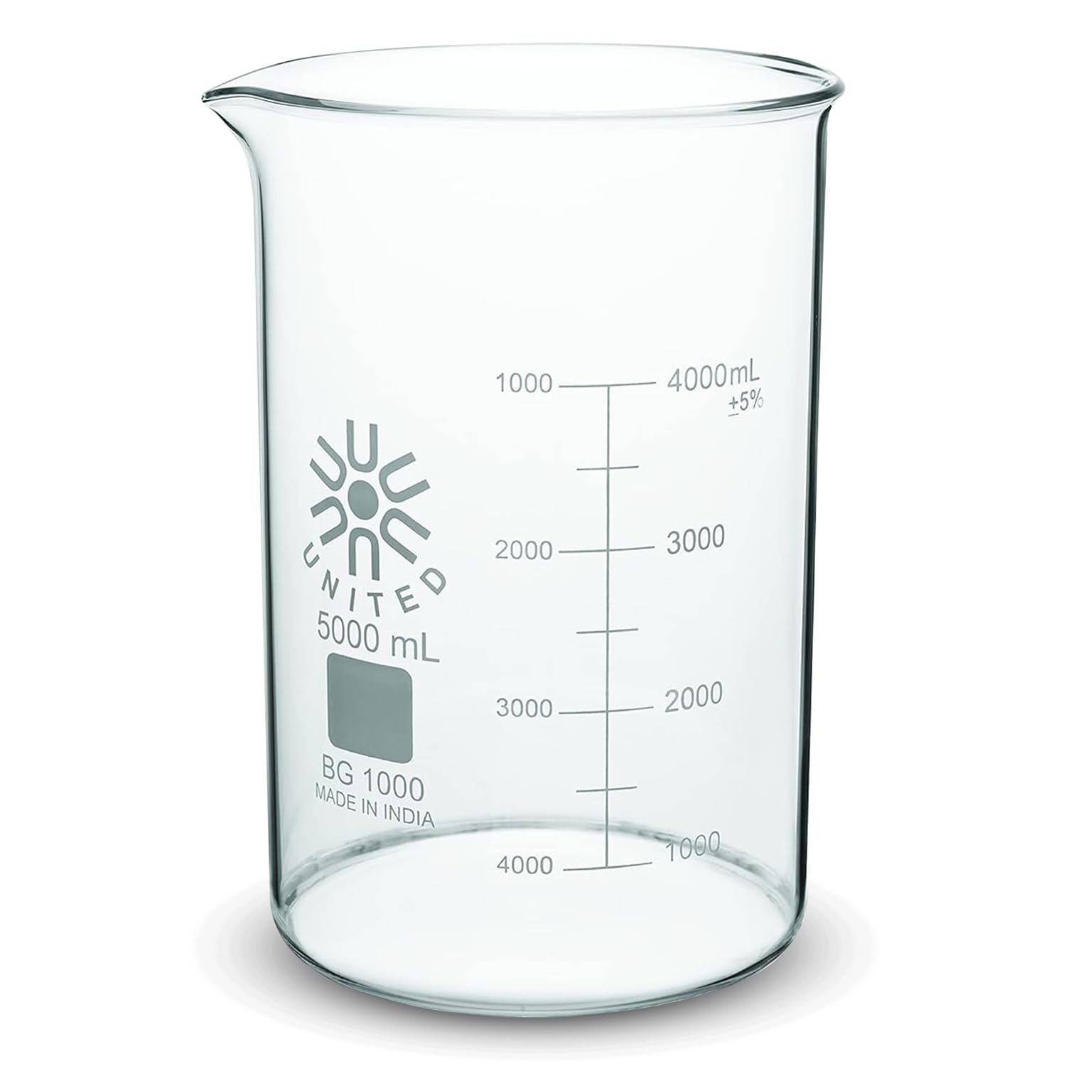 United Scientific™(5L) 5000mL Beaker - Low Form Griffin, 3.3 Borosilicate Glass Beaker, Double Scale Graduated Chemistry Glassware, Pour Spout, Beaded Rim & Autoclavable Laboratory Glassware, 1 Each