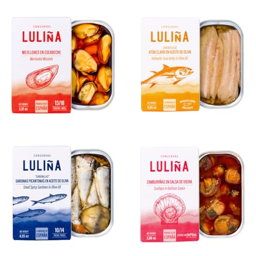 LULIÑA | Pack aperitivo - 4 Conservas Gourmet - Latas de Conservas Gallegas - Caja Regalo - Lote de Productos Delicatessen