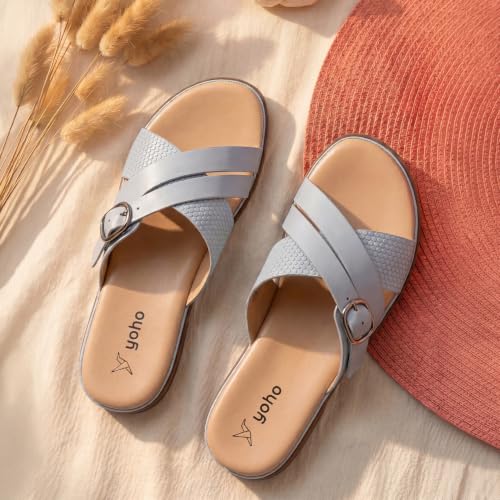 Image of YOHO Evergreen Slides Cross Strap Sandals for Women | Stylish, Comfortable Orthopedic & Anti Skid | Office, Summer, Beach, Casual Wear Flats for Ladies /Girls