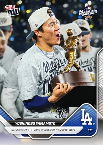 2025 Topps Now Yoshinobu Yamamoto #926 Earns 2025 Willie Mays World Series MVP Honors Los Angeles Dodgers Baseball Card