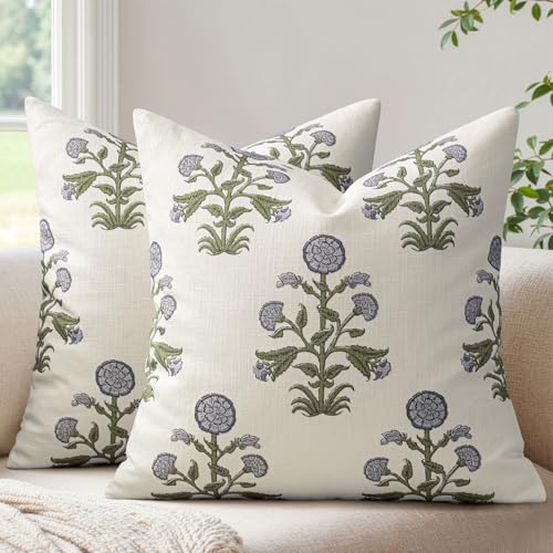 MIULEE Vintage Floral Print Throw Pillow Covers Set of 2 20x20 Blue Green