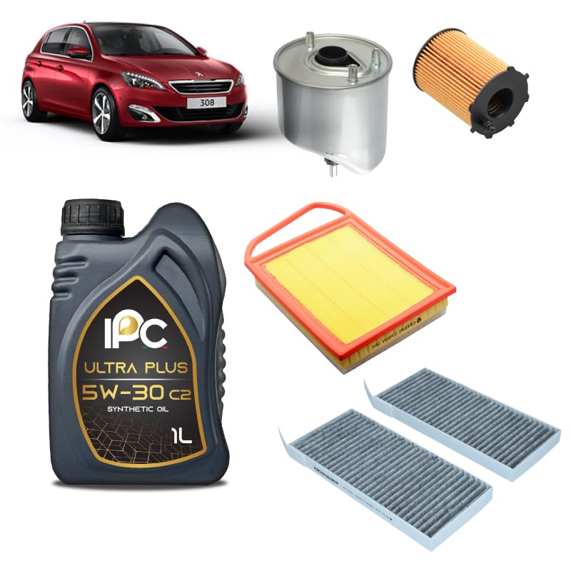 Kit tagliando 4 filtri + 4L olio 5W-30 IPC C2 compatibile con Peugeot 308 ii 1.6 HDI/BLUEHDI 115 Gasolio 2013-2021