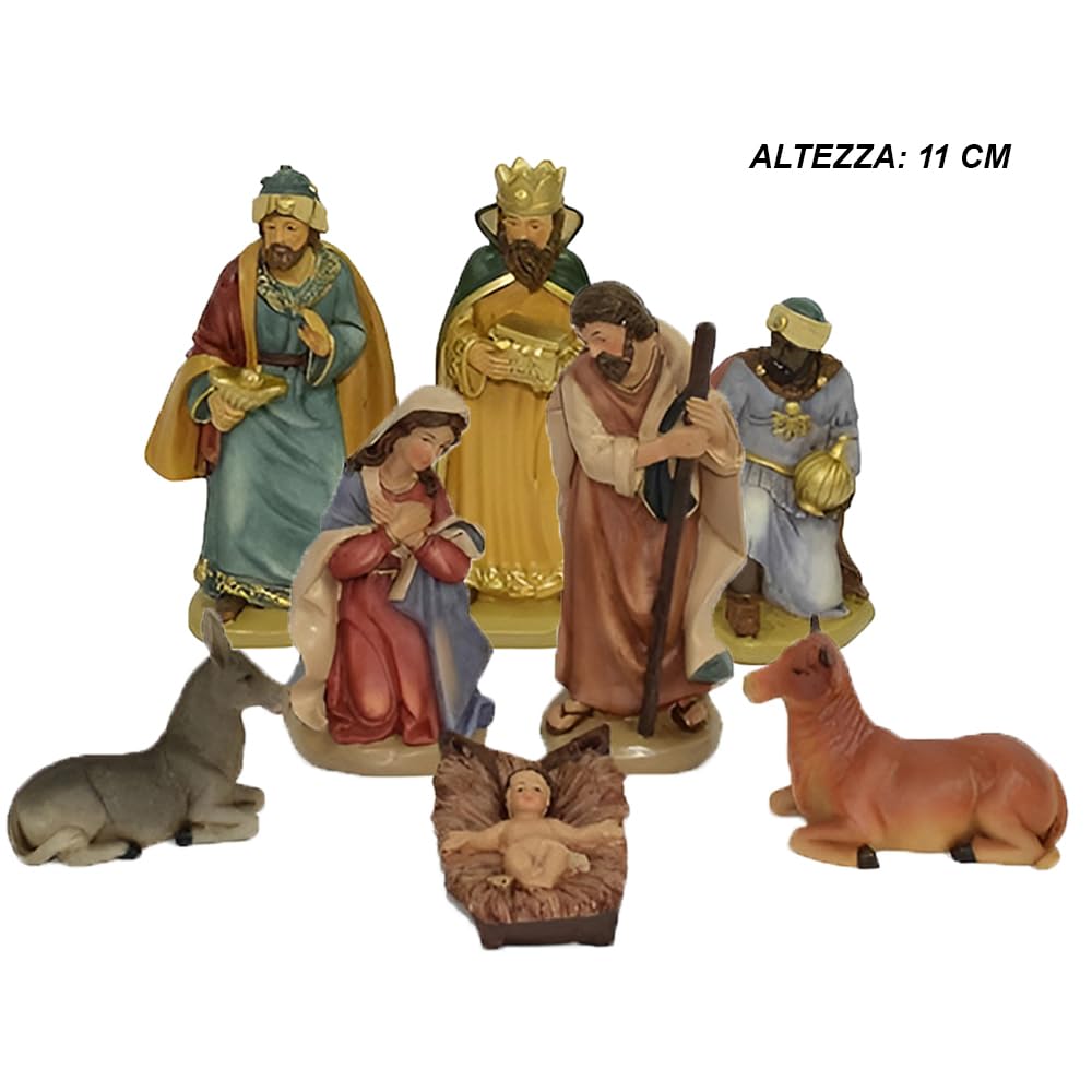 Statuine per Presepe Natività Completa 8 Pezzi Altezza Max 11 cm Sacra Famiglia con Giuseppe maria bambinello gesu' in culla bue asinello Re magi