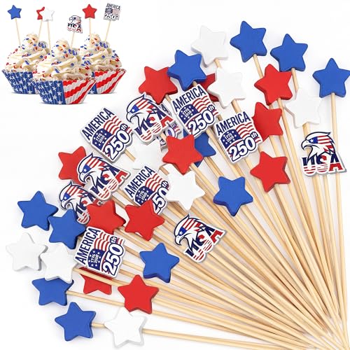 Aodaer 200 Pieces 4th of July American Patriotic Cocktail Picks 4.7 Inch Wooden Toothpicks Independence Day Charcuterie Skewers Sticks 4th of July Party Decorations for Dessert Food Fruit Appetizers
