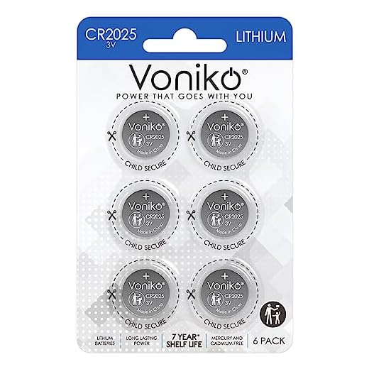 Voniko 3 Volt CR2025 Battery 6 Pack – CR 2025 Battery – CR 2025 Lithium Coin Batteries – 7 Years Shelf Life