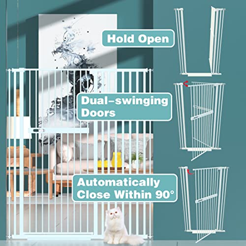 WAOWAO 55.11" Extra Tall Cat Pet Gate 42.91-45.66" Wide Pressure Mounted Walk Through Swing Auto Close Safety White Metal Kids Dog Pet Puppy Cat for Indoor Stairs,Doorways, Kitchen