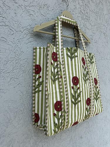 Image of Quilted Cotton Handprinted Reversible Large multicolor Floral Tote Bag,Hand Block Print Shopping Shoulder Carry Bag